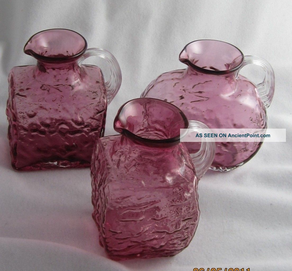 Trio Modernist Organic Pink Blown Glass Small Pitchers Applied Handles / Pontils Mid-Century Modernism photo