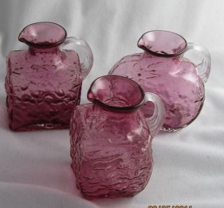 Trio Modernist Organic Pink Blown Glass Small Pitchers Applied Handles / Pontils photo