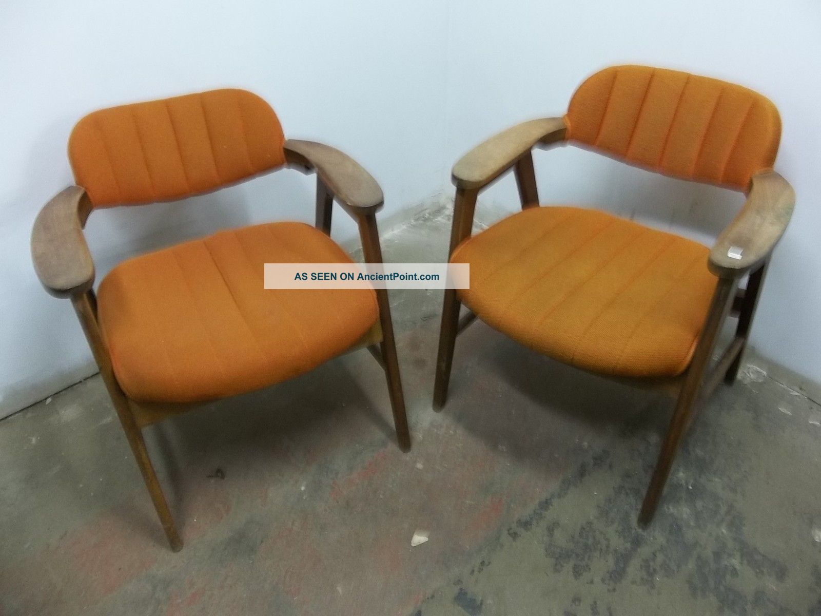 Pair Of Vintage Mid Century Danish Modern Arm Lounge Chairs,  Teak,  Orange Fabric Post-1950 photo