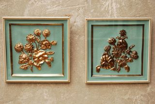 Mid Century Gold Turquoise Wall Hangings Floral Vintage photo