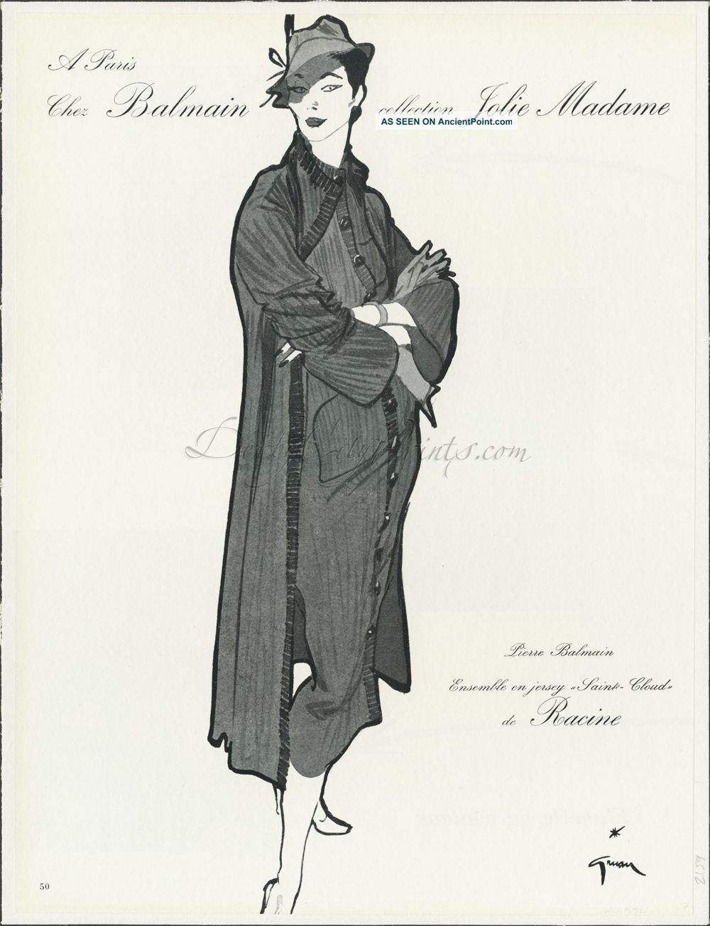 1952 Linen - Backed Rene Gruau Print Fashion Illustration,  Pierre Balmain Mid-Century Modernism photo