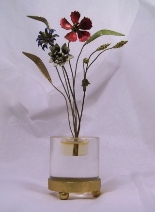 Vintage Enameled Metal Flowers Lucite Base Q18 photo