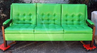 Vintage Metro/retro Mid Century Lime/sour Apple Green Walnut Sofa/couch Clean photo
