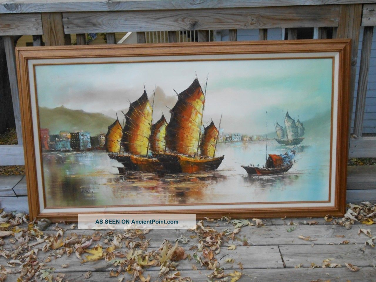 Exc Mid Century Modern Xl Oil Painting Chinese Junk Boat City Sea