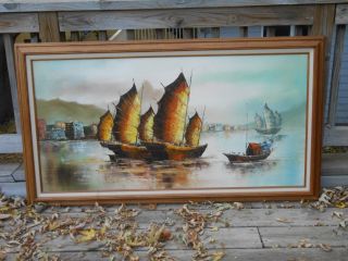 Exc Mid Century Modern Xl Oil Painting Chinese Junk Boat City Sea Scape R.  Ming photo