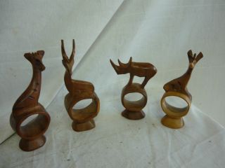 Vintage Hand Carved Wood Napking Holders Ring Africa Giraffe Gazelle Rhinoceros photo