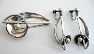 Vintage 1950s Antonio Pineda Taxco Modern 970 Silver & Pearl Pin & Earrings Set photo