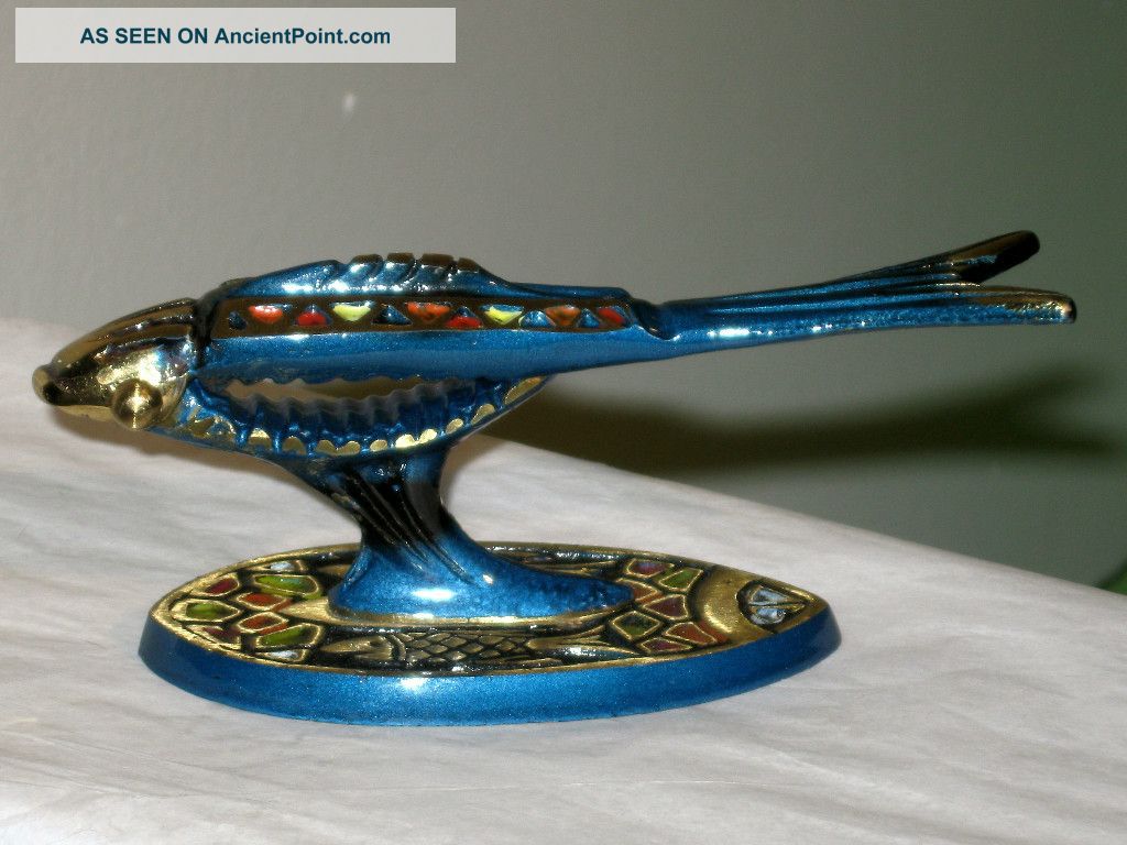 Mid Century Israel Brass Blue Enamel Fish Nut Cracker Mid-Century Modernism photo