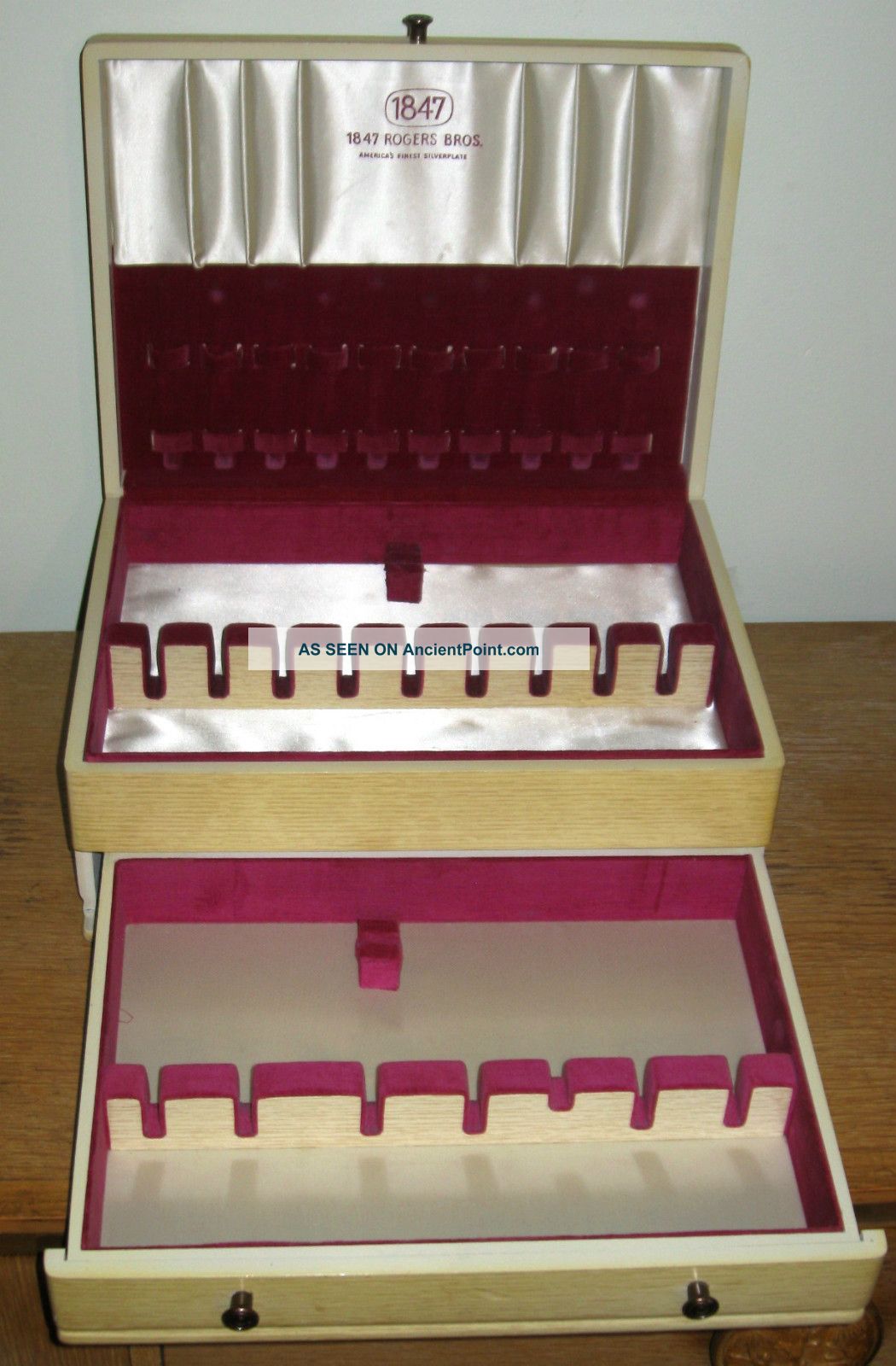 Oak Satin Velvet Lined Drawer Rogers Bros Flatware Silver Box Chest Mid Century Mid-Century Modernism photo