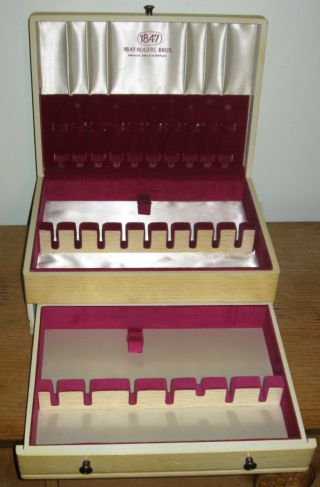 Oak Satin Velvet Lined Drawer Rogers Bros Flatware Silver Box Chest Mid Century photo