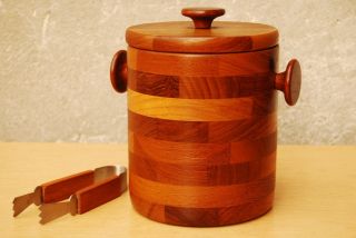 Danish Modern Round Teak Ice Bucket Tongs Mid Century photo