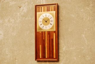 Wood Butcher Block Wall Clock Vintage Mid Century 70s photo