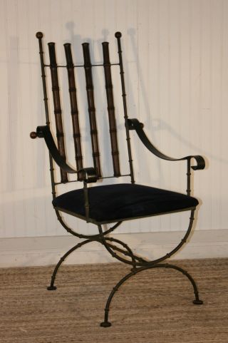 Hollywood Regency Chinese Chippendale Faux Bamboo Iron Directoire Arm Chair photo