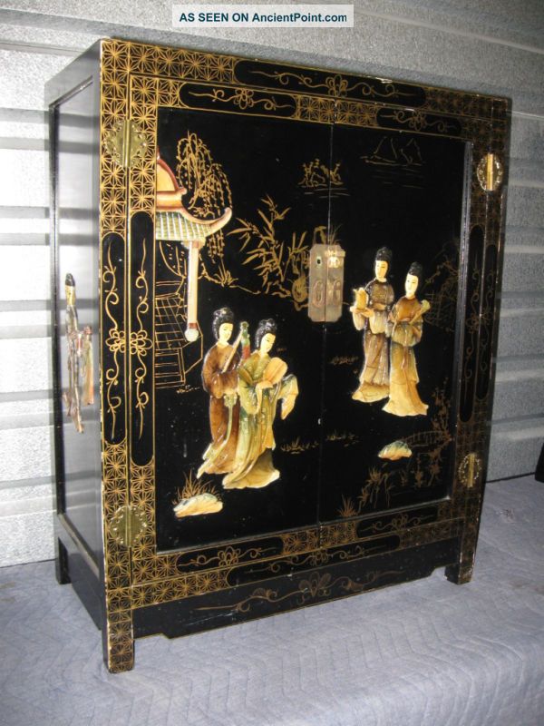 Mid Century Black Lacquer Applied Asian Figures Chest Mid-Century Modernism photo