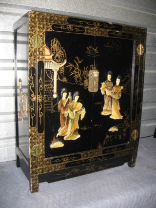 Mid Century Black Lacquer Applied Asian Figures Chest photo