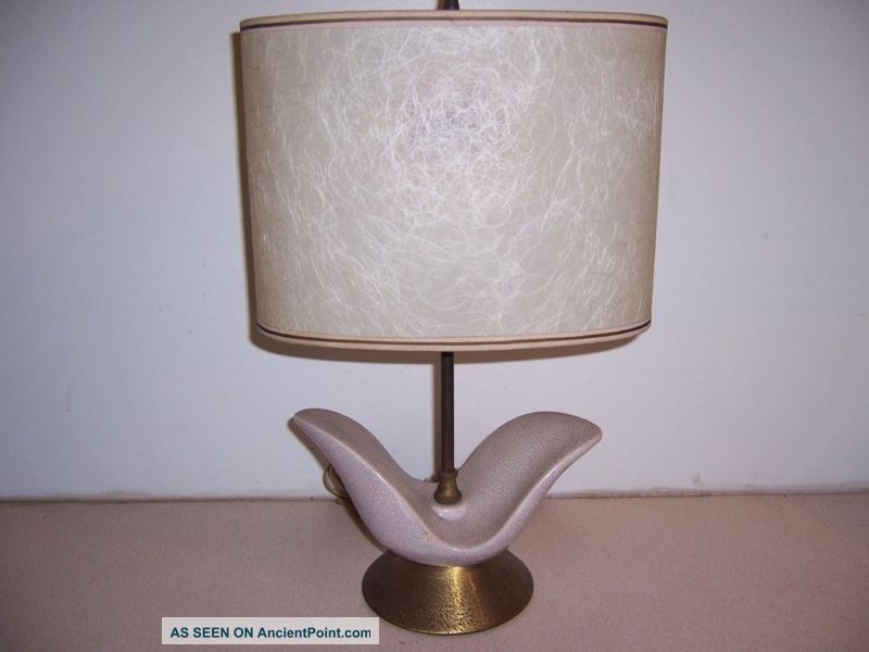 Vintyage Mid - Century Crackle Pottery Lamp W/ Fiberglass Shade Mid-Century Modernism photo