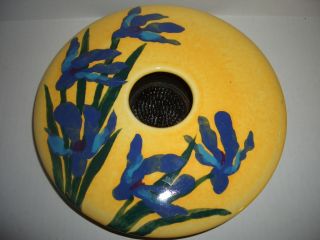 Vintage Art Pottery Iris Flower Frog Round Dish Yellow Blue Purple Green Ceramic photo