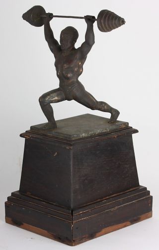 Weight Lifting Sport Trophy Vintage Old Authentic Bronze Muscle Man Antique Rare photo