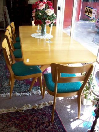 Vintage Heywood Wakefield Dining Room Set,  Table,  2 Leaves & 6 Dogbone Chairs photo