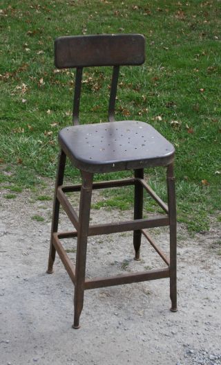 Vintage Industrial Era / Mid Century Modernism Metal High Stool With Back photo