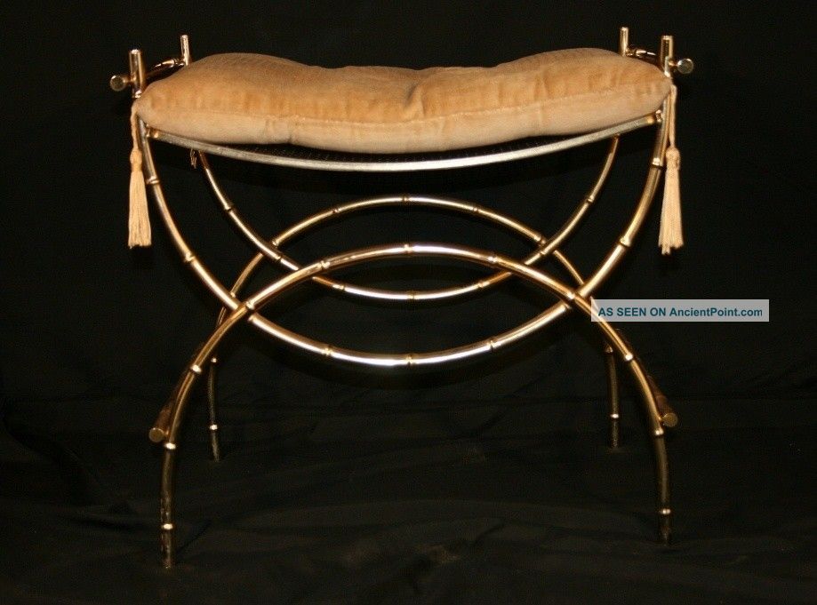 Vtg Hollywood Regency Metal Faux Bamboo X - Form Gold Vanity Stool Bench Chair Post-1950 photo
