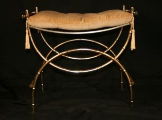 Vtg Hollywood Regency Metal Faux Bamboo X - Form Gold Vanity Stool Bench Chair photo