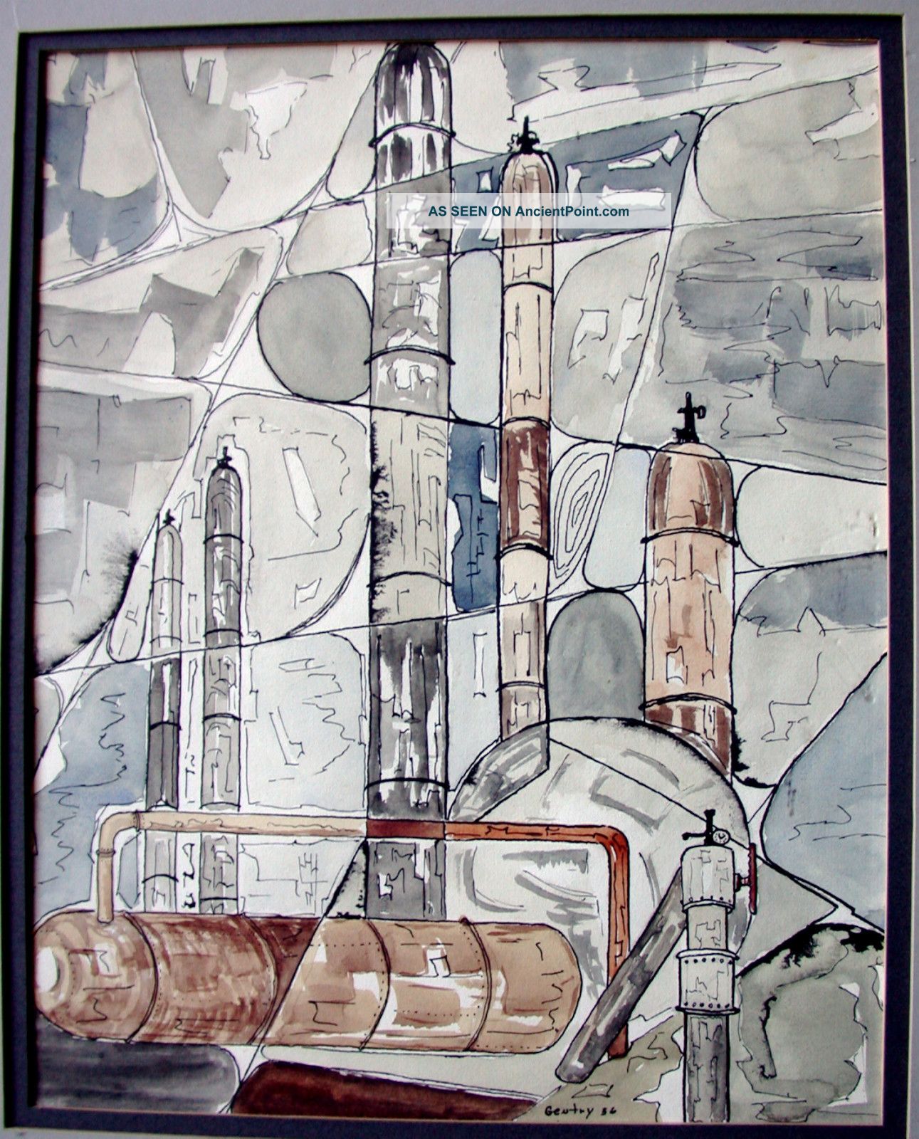 Abstract Modernist Cityscape By Gentry,  1956,  W/c And Ink Painting Mid-Century Modernism photo