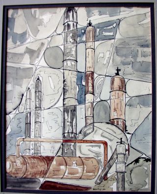Abstract Modernist Cityscape By Gentry,  1956,  W/c And Ink Painting photo