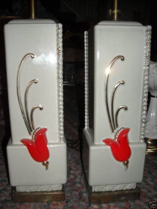 2 Vintage Rembrandt Lamp Grey W/ Red Flower photo