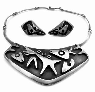 Vintage Modern Salvador Teran Los Castillo Sterling Necklace & Earrings photo