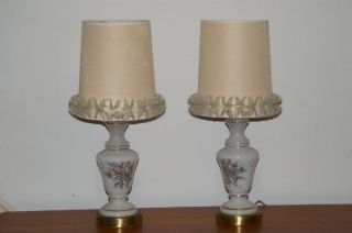 Pair White Glass Gold Leaf Boudoir Lamps Vintage 60s photo