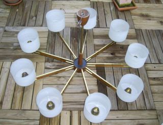 1960´s Spider Ceiling Lamp Brass & Teak 9 Arms 40 