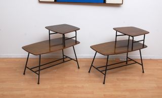 Mid Century Modern Step End Tables Mahogany & Iron Mad Men Vintage Retro Eames photo