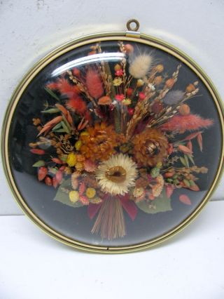 Romantic Vintage Dried Flowers Bouquet In Convex Art Glass Frame Old Biedermeier photo