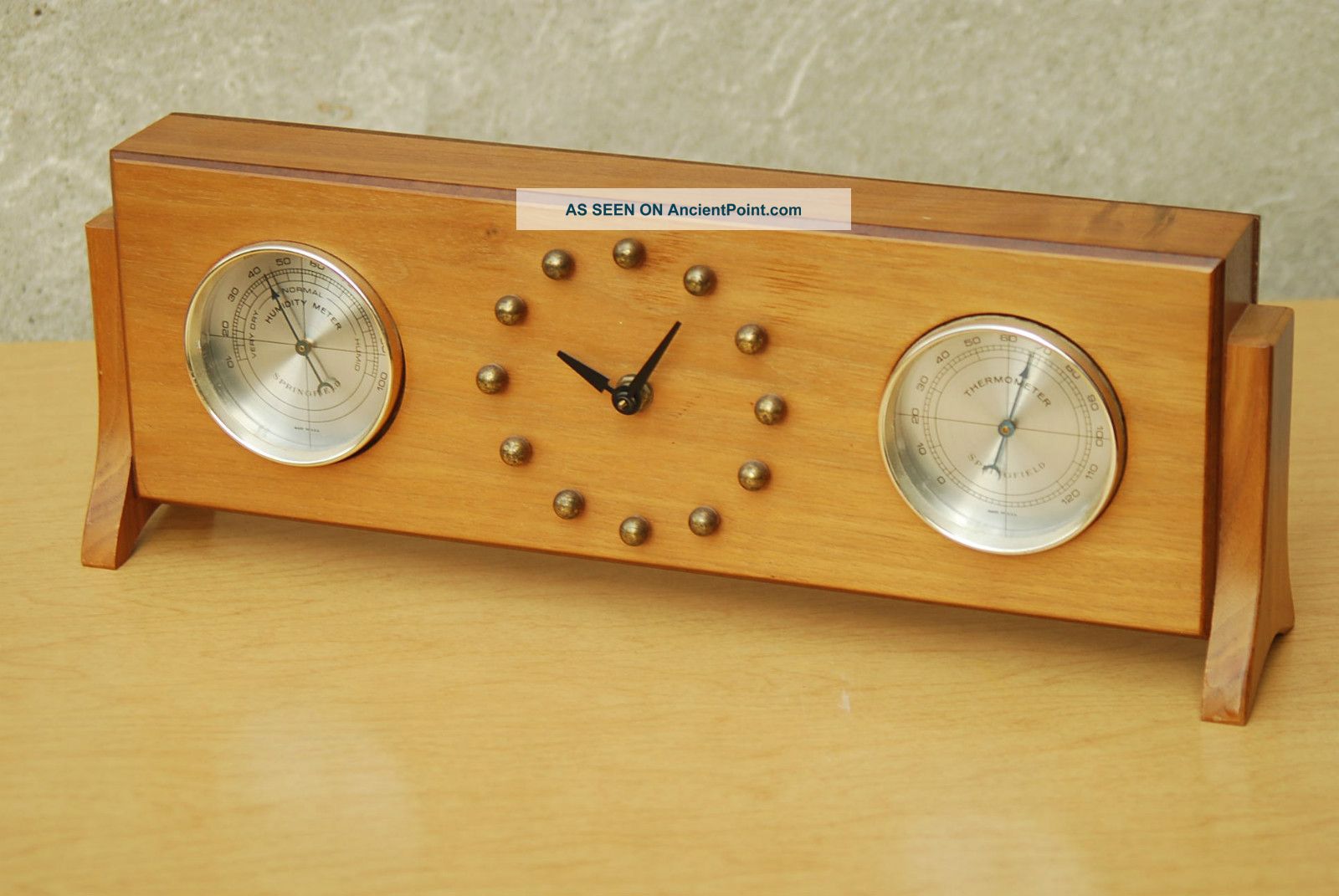Springfield Mantel Clock Barometer Weather Station Wood Brass Mid Century Modern Mid-Century Modernism photo