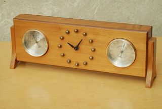 Springfield Mantel Clock Barometer Weather Station Wood Brass Mid Century Modern photo