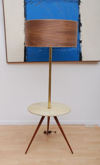Very Rare Mid Century Modern Tripod Floor Lamp Parchment Table Walnut Drum Shade photo