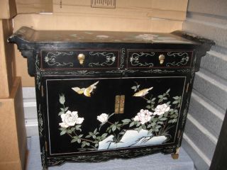 Mid Century Black Lacquer Asian Motif Bar Or Sideboard photo