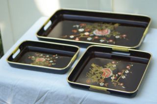 Set Of 3 Japanese Enamel Nesting Serving Trays Vintage photo