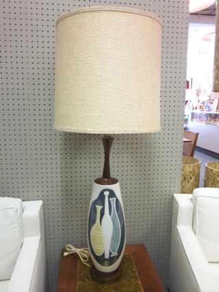 Great Mid Century Pottery Lamp With Vases Design + Orig Shade C1960 photo