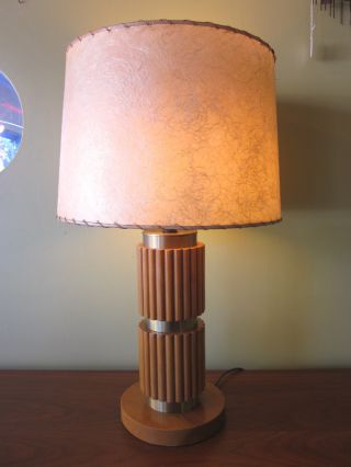 Wood + Brass 1940s Table Lamp W/orig Shade - Russel Wright? photo