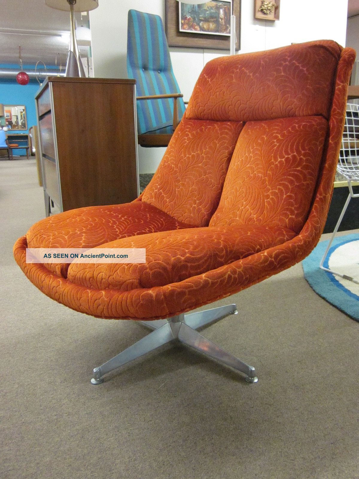Seventies Modern Orange Velour Swivel Lounge Chair C1970 Post-1950 photo
