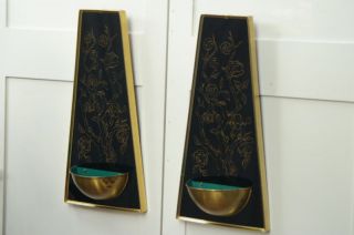Pair Glass Metal Gold Flower Foil Sconces Mid Century photo
