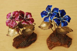 Vintage Pair Bovano Copper Flowers,  Blue And Red Glass Enameled Mid Century 1965 photo