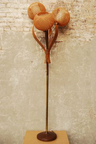 3 - Light Teak Floor Lamp Spaghetti Shades Mid Century photo