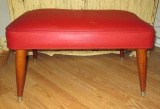 Mid Century Modern Footstool Vintage Ottoman Red Vinyl W/ Wood Legs & Brass Caps photo