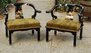 Asian Black Lacquered Chairs Drexel Mont Style Vintage photo