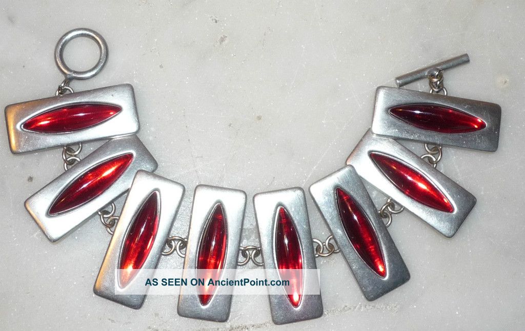 Jorgen Jensen Modernist Pewter Bracelet Red Stones Mid-Century Modernism photo
