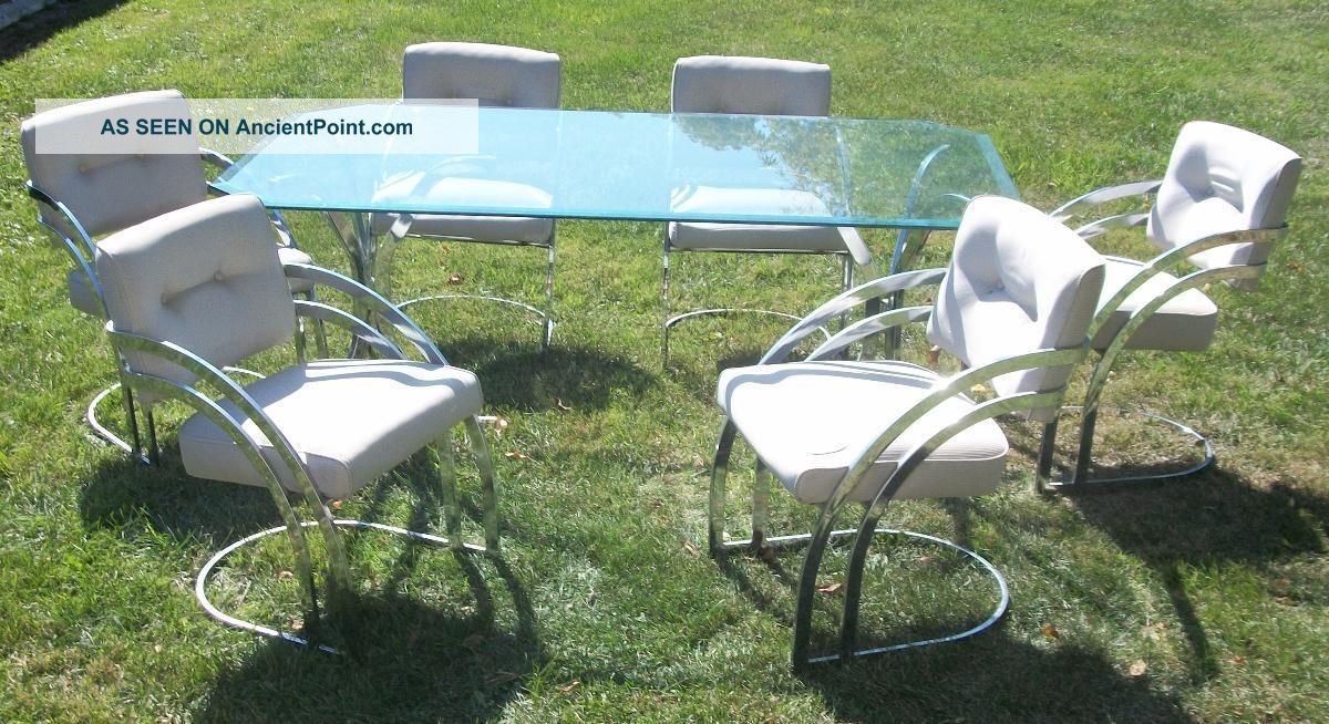Chrome And Beveled Glass Top Dining Room With Six Upholstered Chrome Chairs Mid-Century Modernism photo
