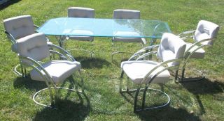 Chrome And Beveled Glass Top Dining Room With Six Upholstered Chrome Chairs photo